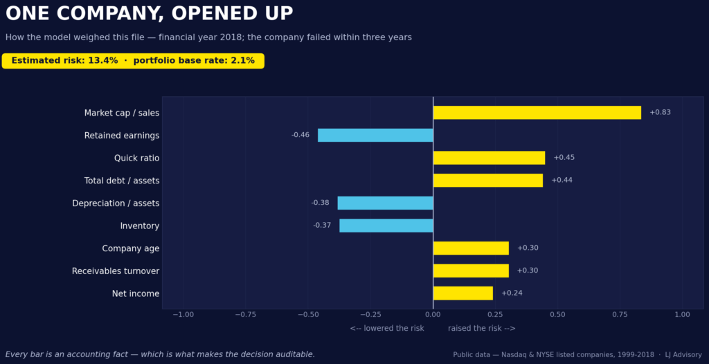 Line-by-line breakdown of one company by the LJ Advisory tree-based model: what raises its default risk and what mitigates it